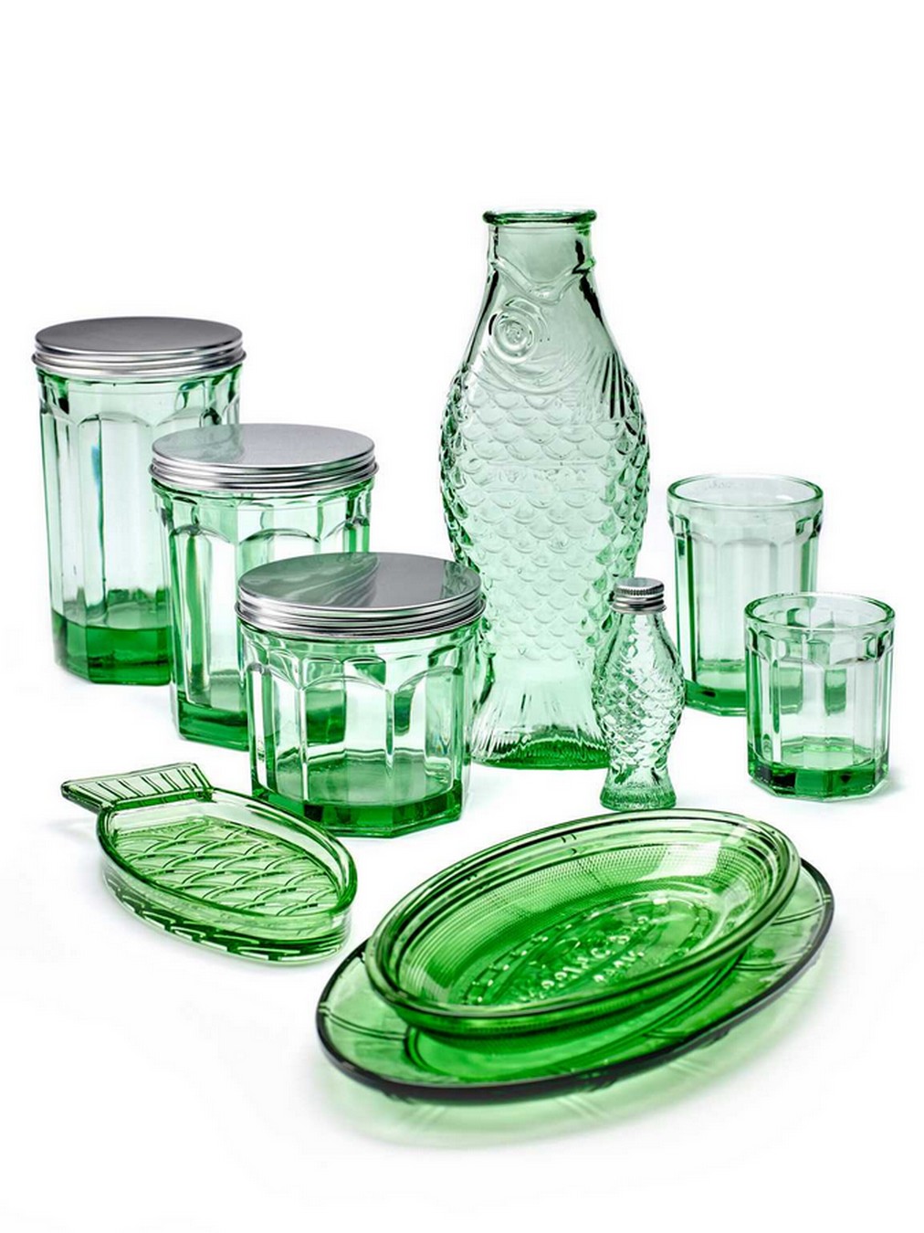 Fish & Fish Dose mit Deckel Glas grün H 15