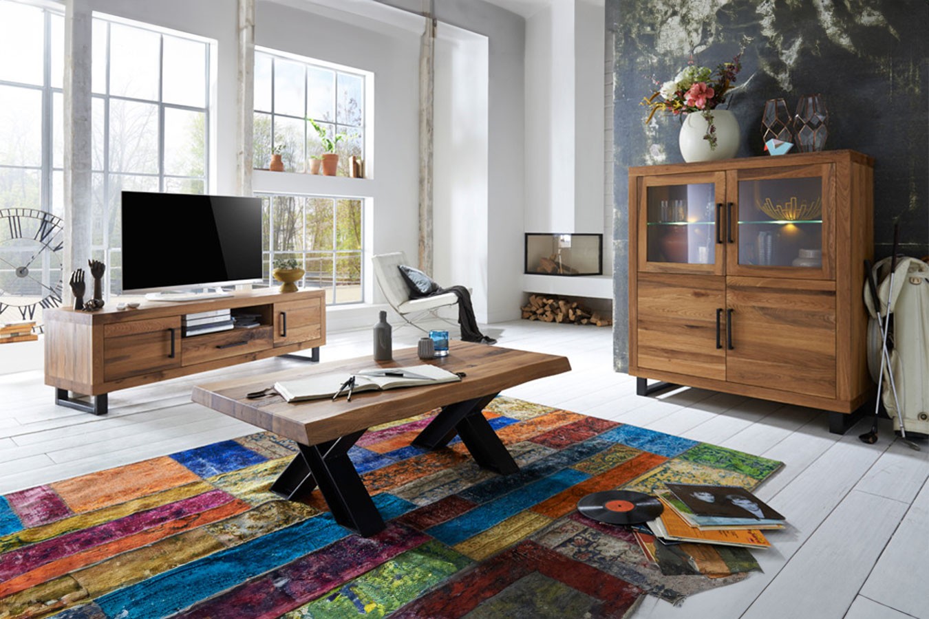 Highboard Nature mit Glas Eiche H 140 cm